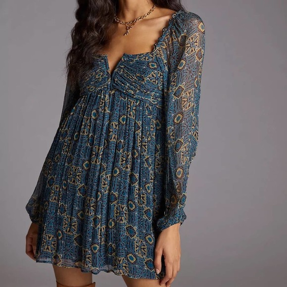 Anthropologie Dresses & Skirts - NEW Anthro Let Me Be Mini Dress Anstract Print Babydoll Sheer Long Sleeves Large
